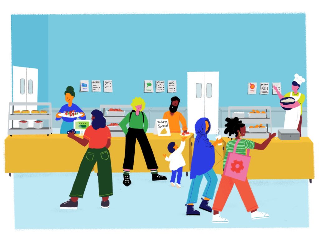 Colorful illustration of Food Hall customers, entrepreneurs and food