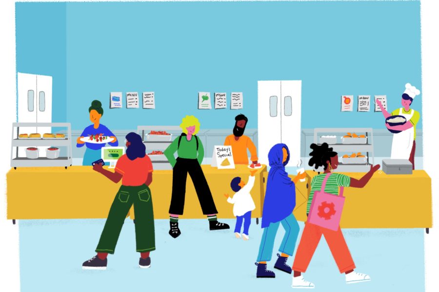 Colorful illustration of Food Hall customers, entrepreneurs and food